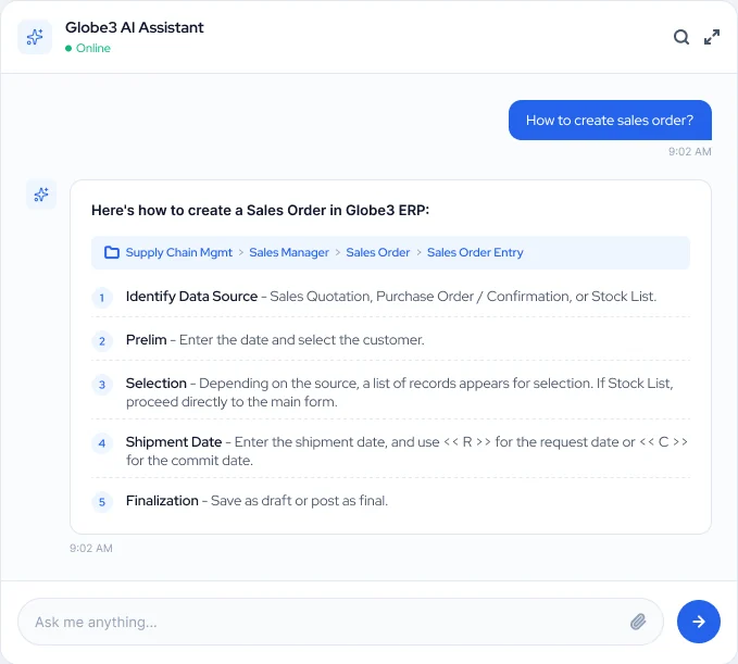 Globe3 AI Assistant chat explaining the five steps to create a sales order