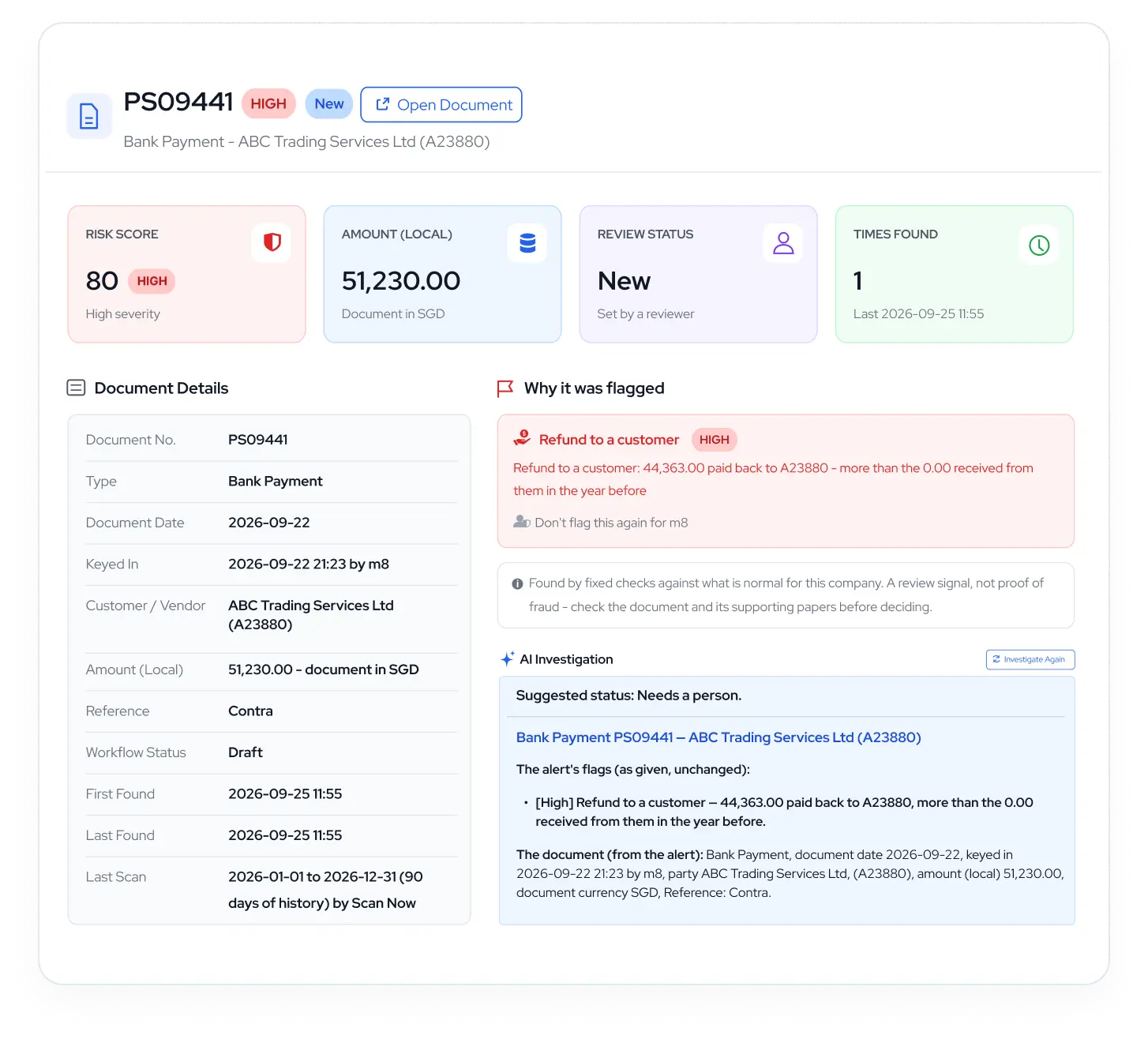 Fraud detection alert for a high-value bank payment, showing the rule triggered, severity score and AI analysis