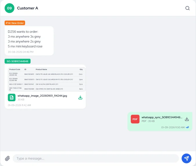 WhatsApp conversation where a customer order is converted to a sales order and a PDF confirmation is sent back